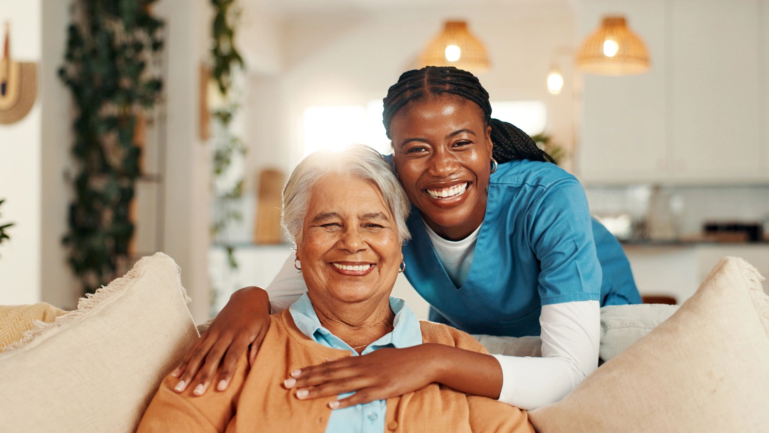 diverse home health care staff with seniors